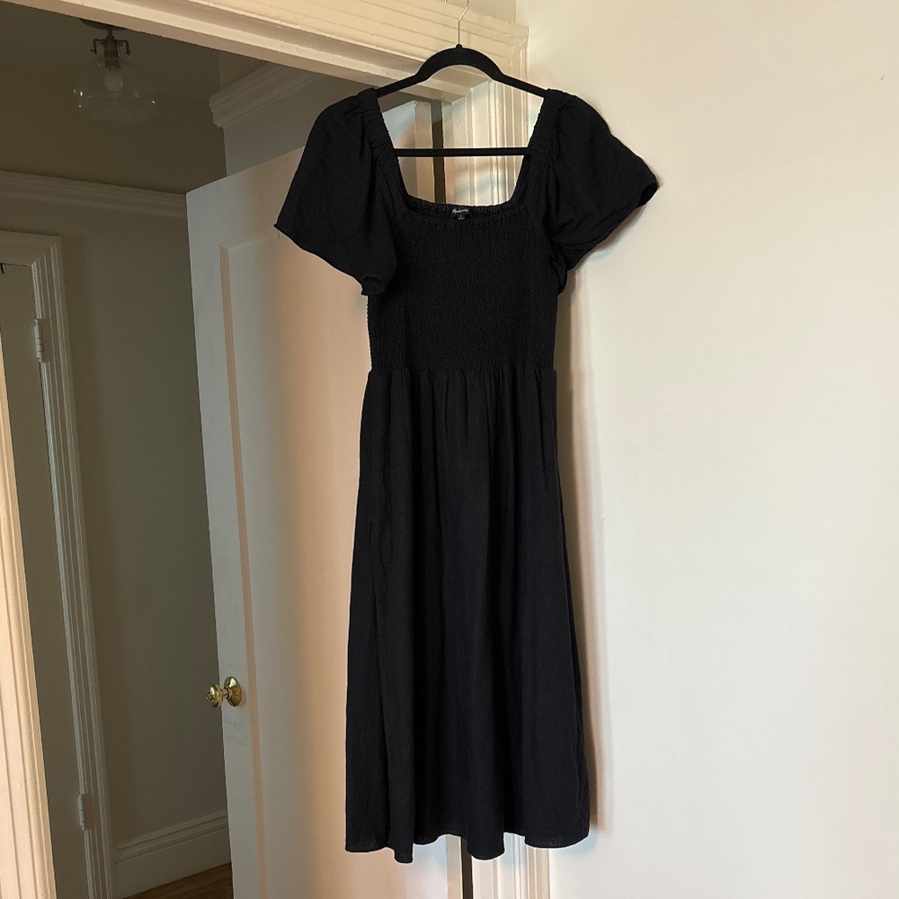 Madewell Smocked Black Linen Dress